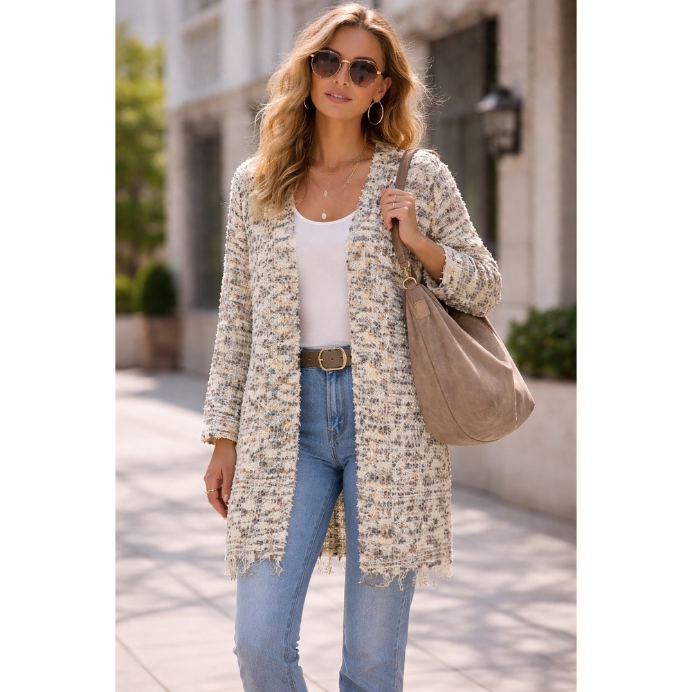 BKE Chenille Open Earthy Distressed Long Cardigan Size L Boho Hippie Artsy